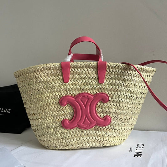 panier classique moyen 25 cm en raphia et cuir de veau rose foncé