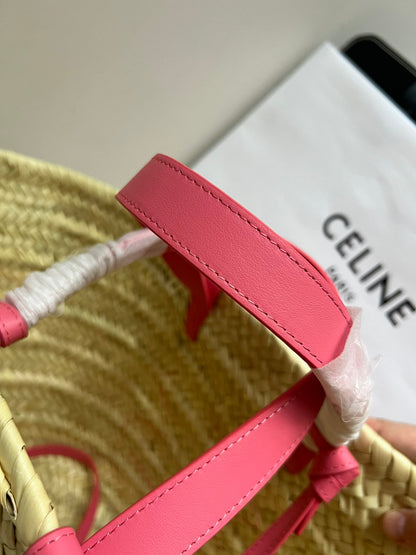 panier classique moyen 25 cm en raphia et cuir de veau rose foncé