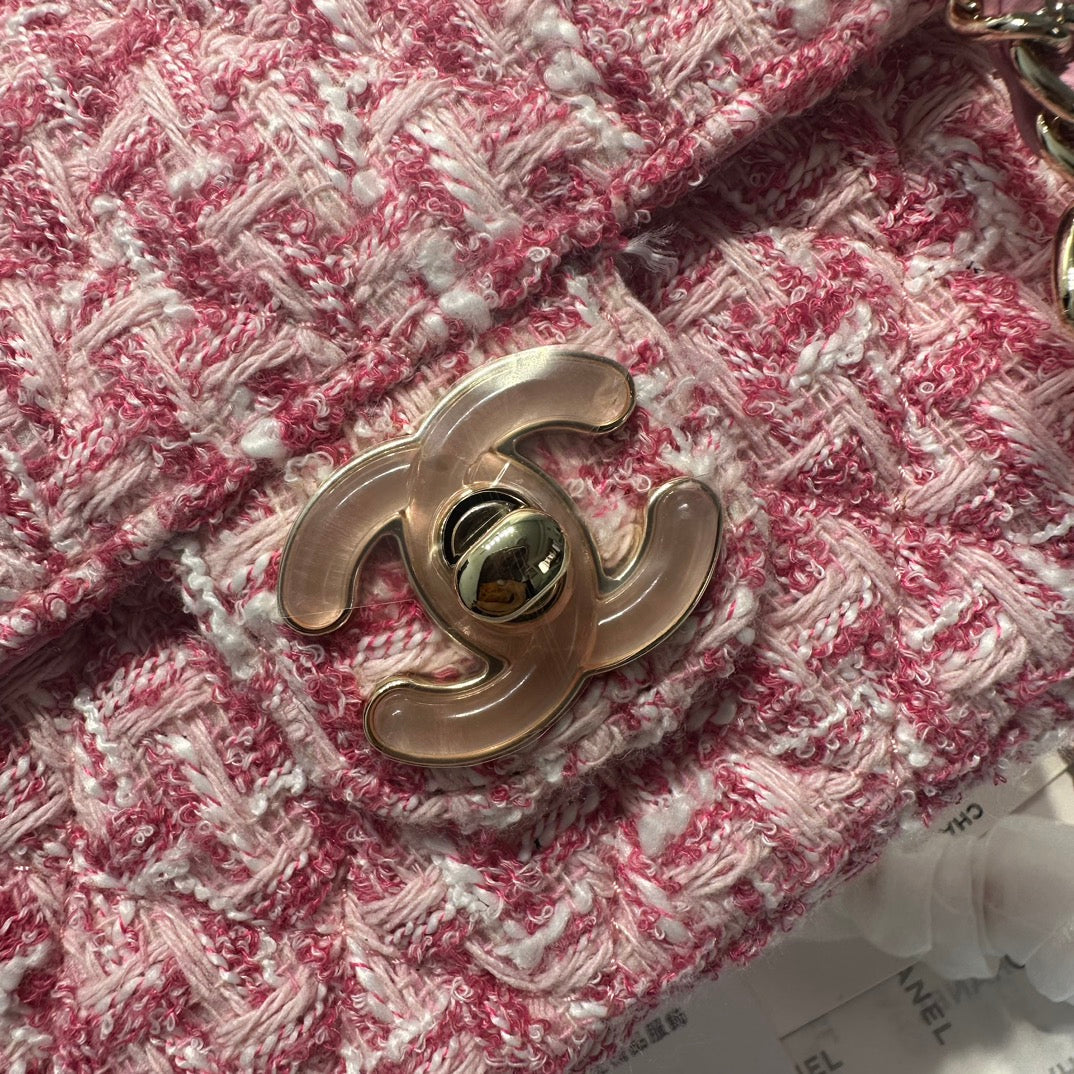 Sac à rabat 23P en tweed rose et blanc, accessoires argentés 