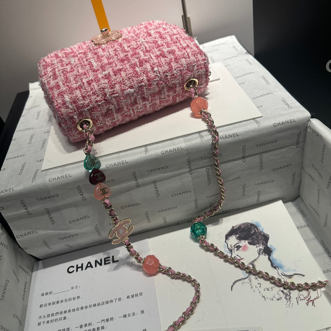 Sac à rabat 23P en tweed rose et blanc, accessoires argentés 