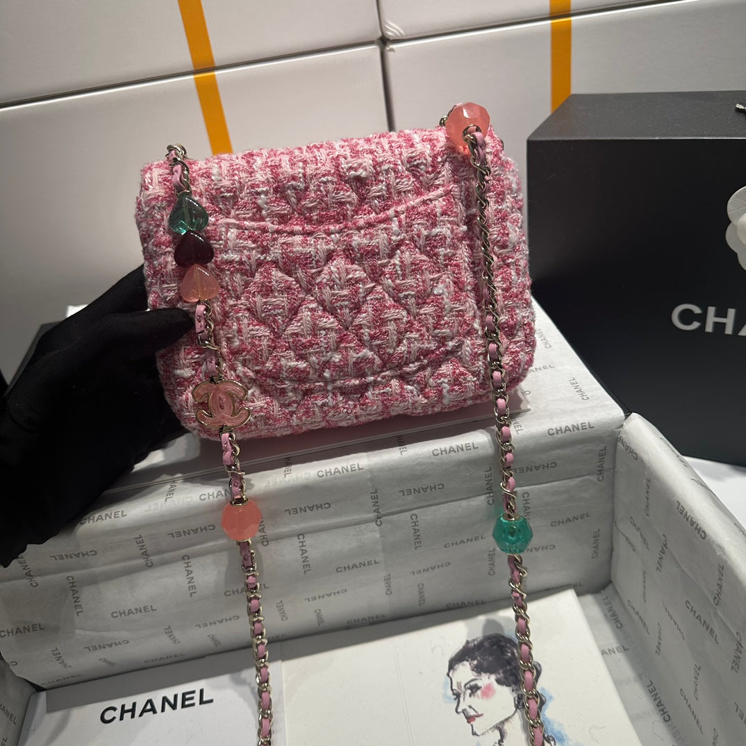 Sac à rabat 23P en tweed rose et blanc, accessoires argentés 