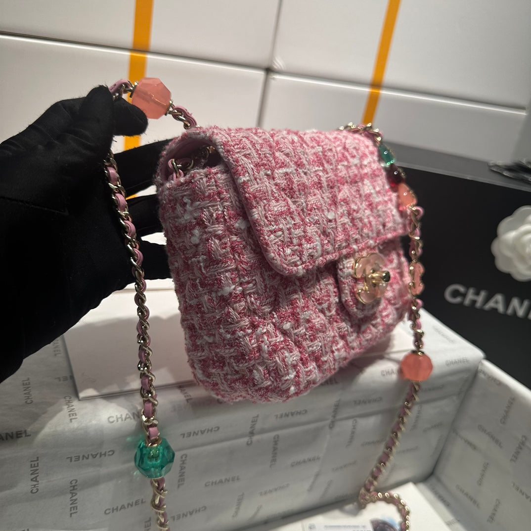 Sac à rabat 23P en tweed rose et blanc, accessoires argentés 