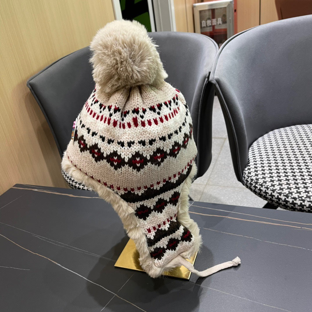 BONNET CACHE-OREILLES EN PELUCHE EN LAINE COLORÉE ET FOURRURE DE LAPIN 408170 