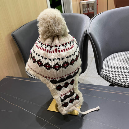 BONNET CACHE-OREILLES EN PELUCHE EN LAINE COLORÉE ET FOURRURE DE LAPIN 408170 
