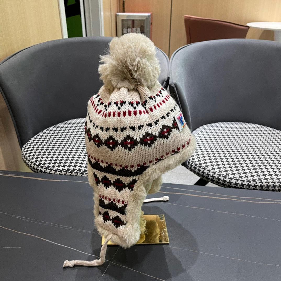 BONNET CACHE-OREILLES EN PELUCHE EN LAINE COLORÉE ET FOURRURE DE LAPIN 408170 