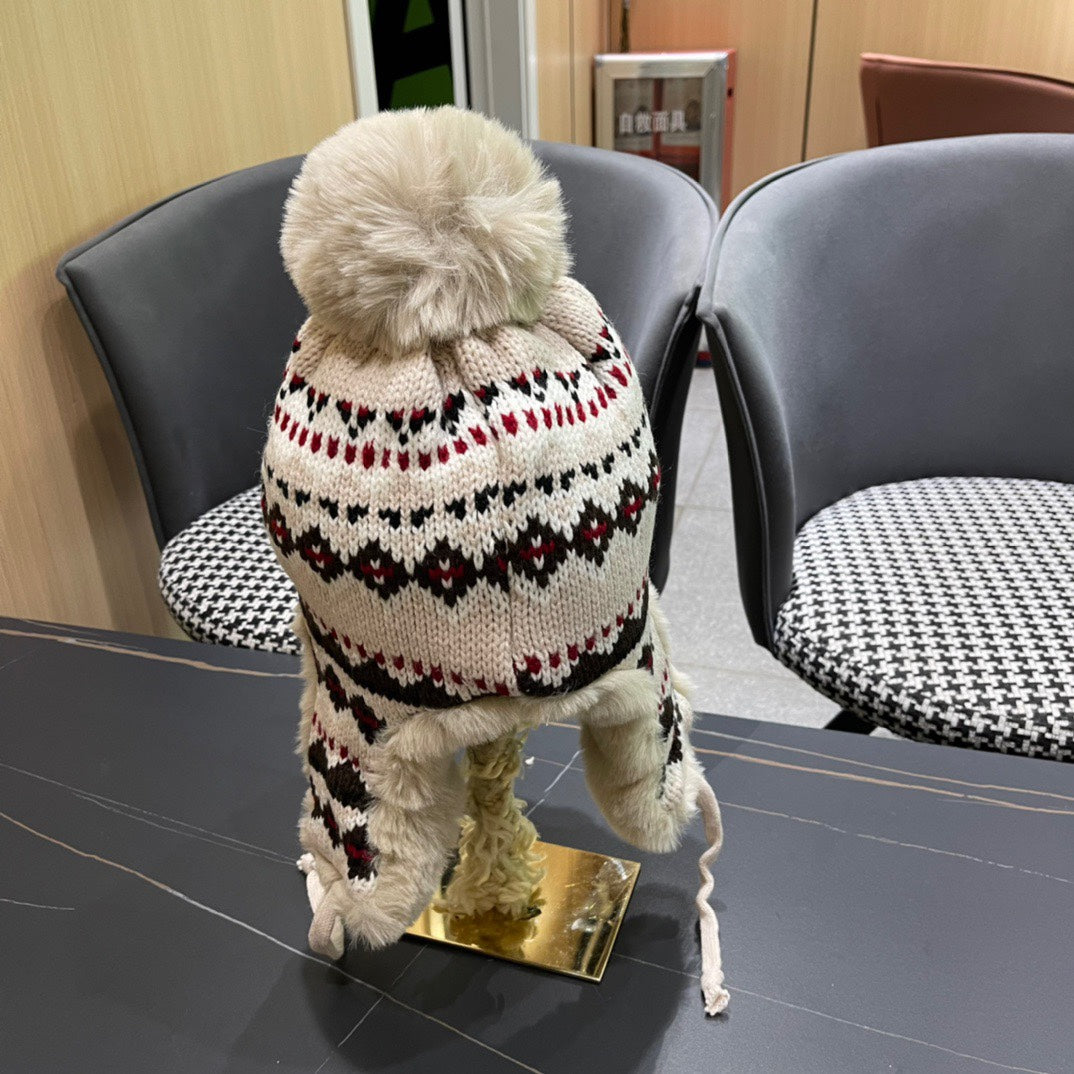 BONNET CACHE-OREILLES EN PELUCHE EN LAINE COLORÉE ET FOURRURE DE LAPIN 408170 