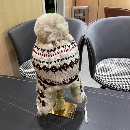 BONNET CACHE-OREILLES EN PELUCHE EN LAINE COLORÉE ET FOURRURE DE LAPIN 408170 
