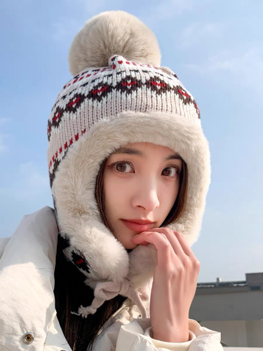 BONNET CACHE-OREILLES EN PELUCHE EN LAINE COLORÉE ET FOURRURE DE LAPIN 408170 