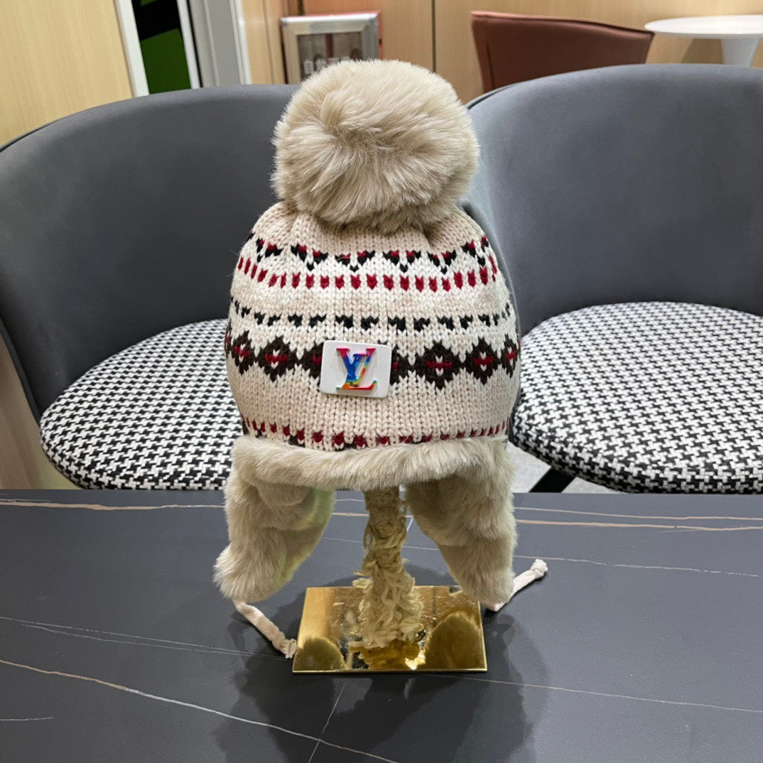 BONNET CACHE-OREILLES EN PELUCHE EN LAINE COLORÉE ET FOURRURE DE LAPIN 408170 
