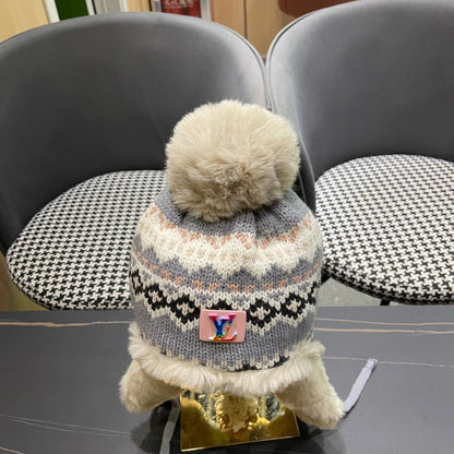 BONNET CACHE-OREILLES EN PELUCHE EN LAINE COLORÉE ET FOURRURE DE LAPIN 408172
