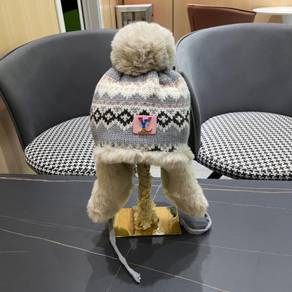 BONNET CACHE-OREILLES EN PELUCHE EN LAINE COLORÉE ET FOURRURE DE LAPIN 408172