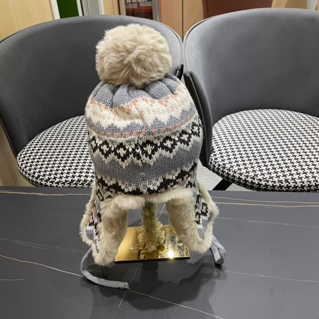 BONNET CACHE-OREILLES EN PELUCHE EN LAINE COLORÉE ET FOURRURE DE LAPIN 408172