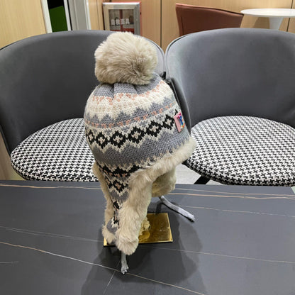 BONNET CACHE-OREILLES EN PELUCHE EN LAINE COLORÉE ET FOURRURE DE LAPIN 408172