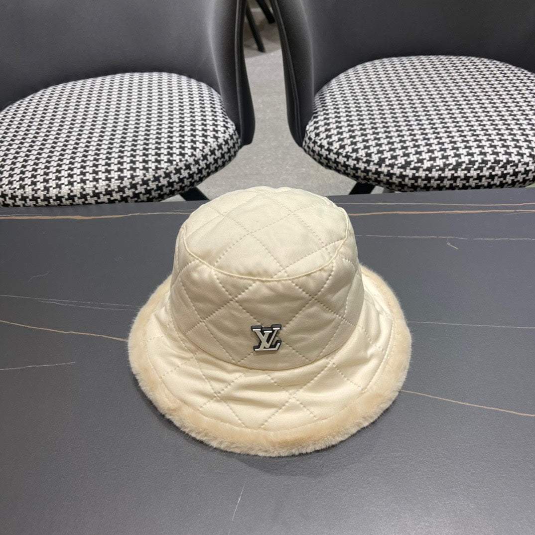 CHAPEAU BOB EN COTON BEIGE CRÈME ET FOURRURE D'AGNEAU 420924 