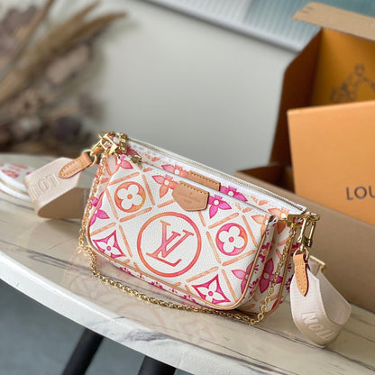 PINK MULTI POCHETTE ACCESSOIRES 24 IN CORAL MONOGRAM TILES CANVAS GOLD HARDWARE