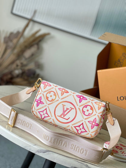PINK MULTI POCHETTE ACCESSOIRES 24 IN CORAL MONOGRAM TILES CANVAS GOLD HARDWARE