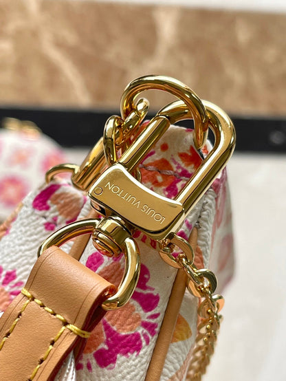 PINK MULTI POCHETTE ACCESSOIRES 24 IN CORAL MONOGRAM TILES CANVAS GOLD HARDWARE