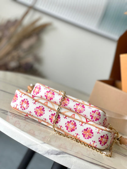 PINK MULTI POCHETTE ACCESSOIRES 24 IN CORAL MONOGRAM TILES CANVAS GOLD HARDWARE