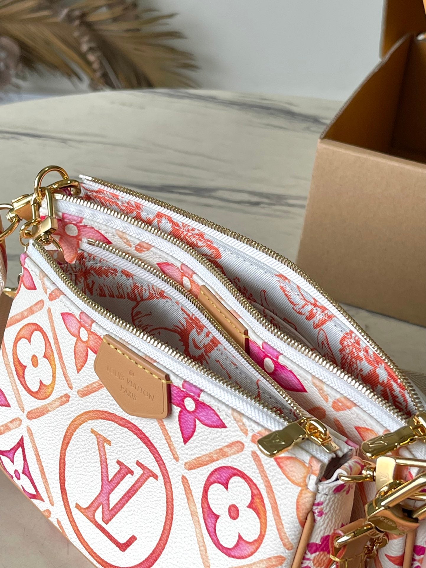 PINK MULTI POCHETTE ACCESSOIRES 24 IN CORAL MONOGRAM TILES CANVAS GOLD HARDWARE