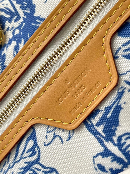 Toile à carreaux monogrammée Neverfull mm 31 po bleu lagon