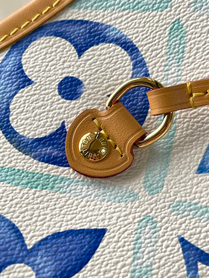 Toile à carreaux monogrammée Neverfull mm 31 po bleu lagon