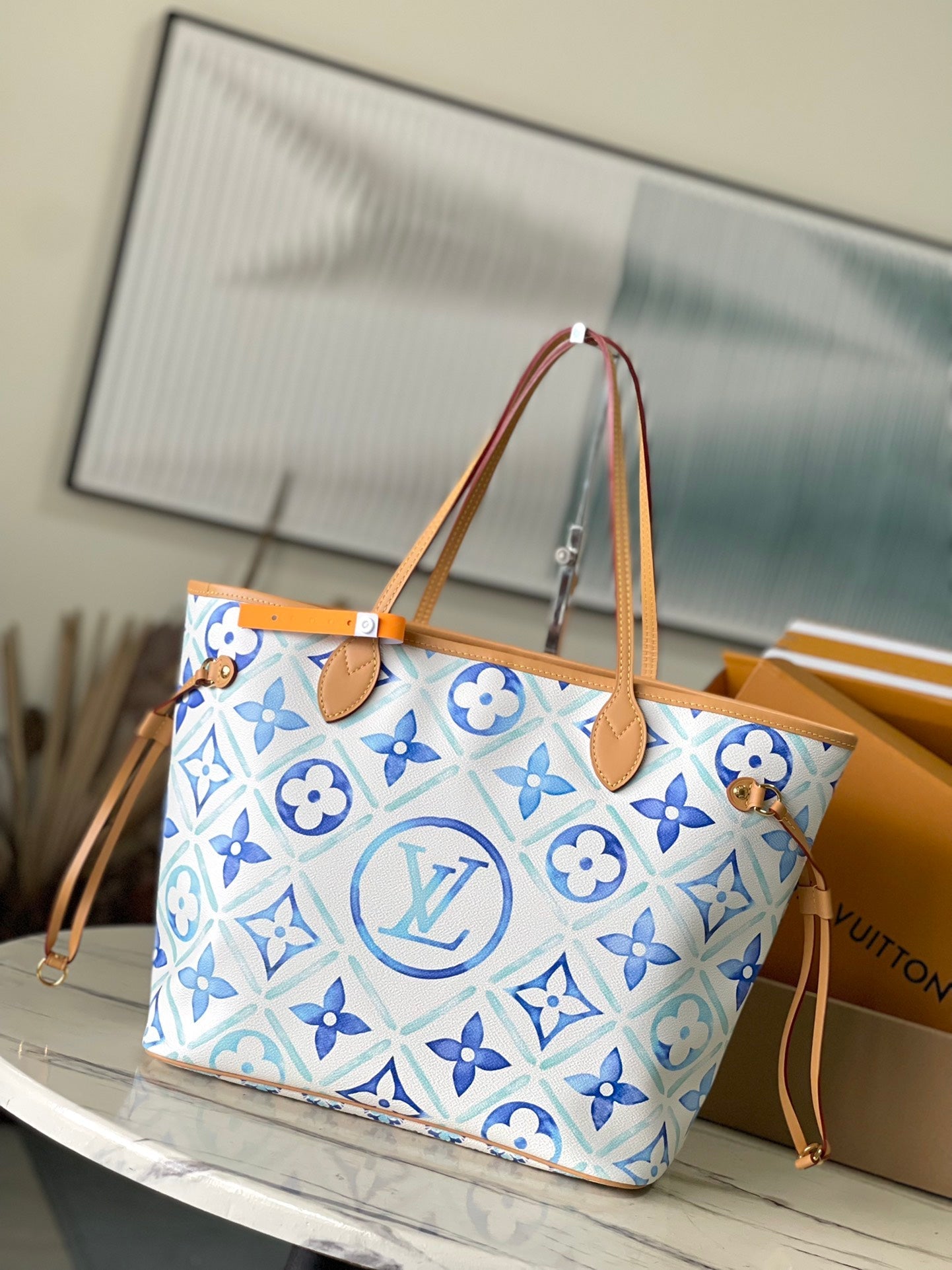Toile à carreaux monogrammée Neverfull mm 31 po bleu lagon