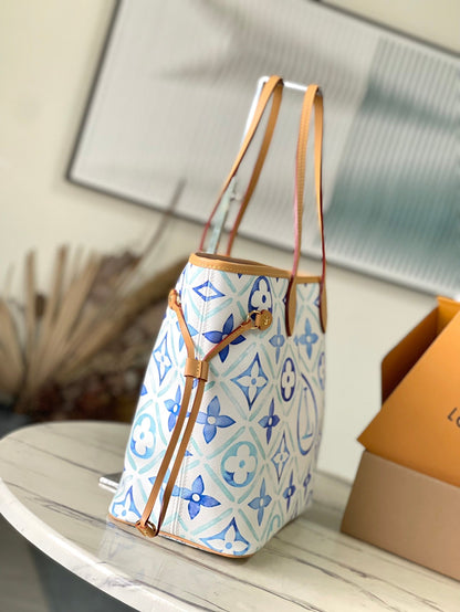 Toile à carreaux monogrammée Neverfull mm 31 po bleu lagon
