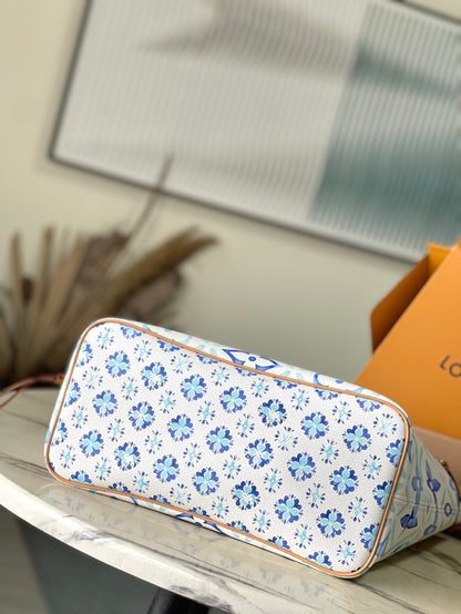 Toile à carreaux monogrammée Neverfull mm 31 po bleu lagon
