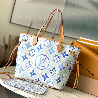 Toile à carreaux monogrammée Neverfull mm 31 po bleu lagon
