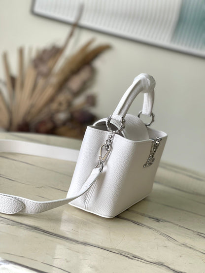 CAPUCINES EAST-WEST MINI 22 EN CUIR DE VEAU BLANC, ACIER ARGENTÉ
