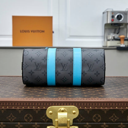 Sac bandoulière Keepall 25 pouces en cuir de veau turquoise mélangé avec toile éclipse et monogramme Gun Metal