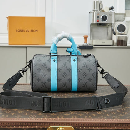 Sac bandoulière Keepall 25 pouces en cuir de veau turquoise mélangé avec toile éclipse et monogramme Gun Metal