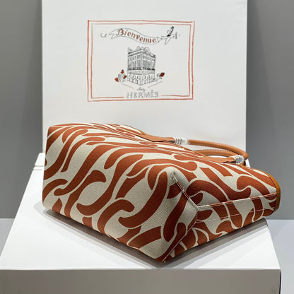Sac HM Steeple 28 en cuir de veau marron et toile blanche et marron