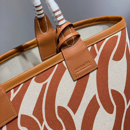 Sac HM Steeple 28 en cuir de veau marron et toile blanche et marron