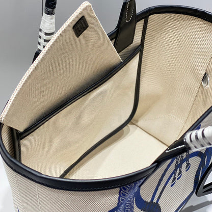 Sac HM Steeple 28 en cuir de veau noir, blanc et bleu, toile