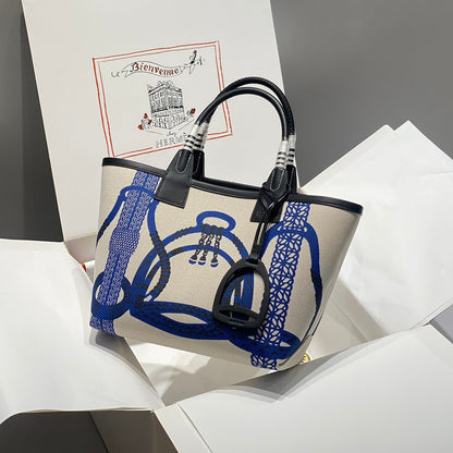 Sac HM Steeple 28 en cuir de veau noir, blanc et bleu, toile