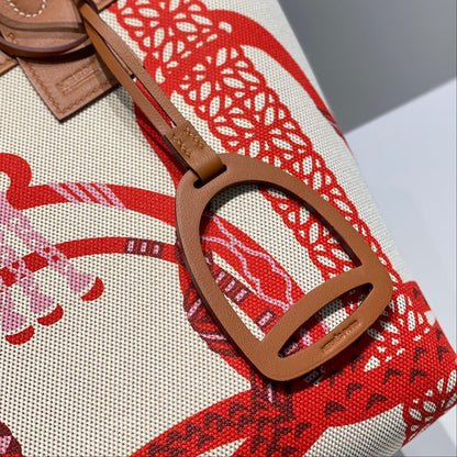Sac HM Steeple 28 en cuir de veau marron, blanc et rouge
