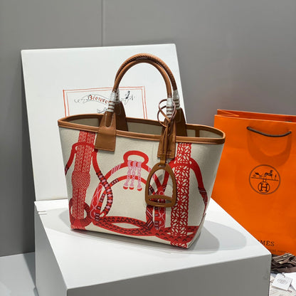 Sac HM Steeple 28 en cuir de veau marron, blanc et rouge