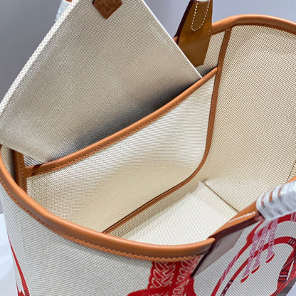 Sac HM Steeple 28 en cuir de veau marron, blanc et rouge