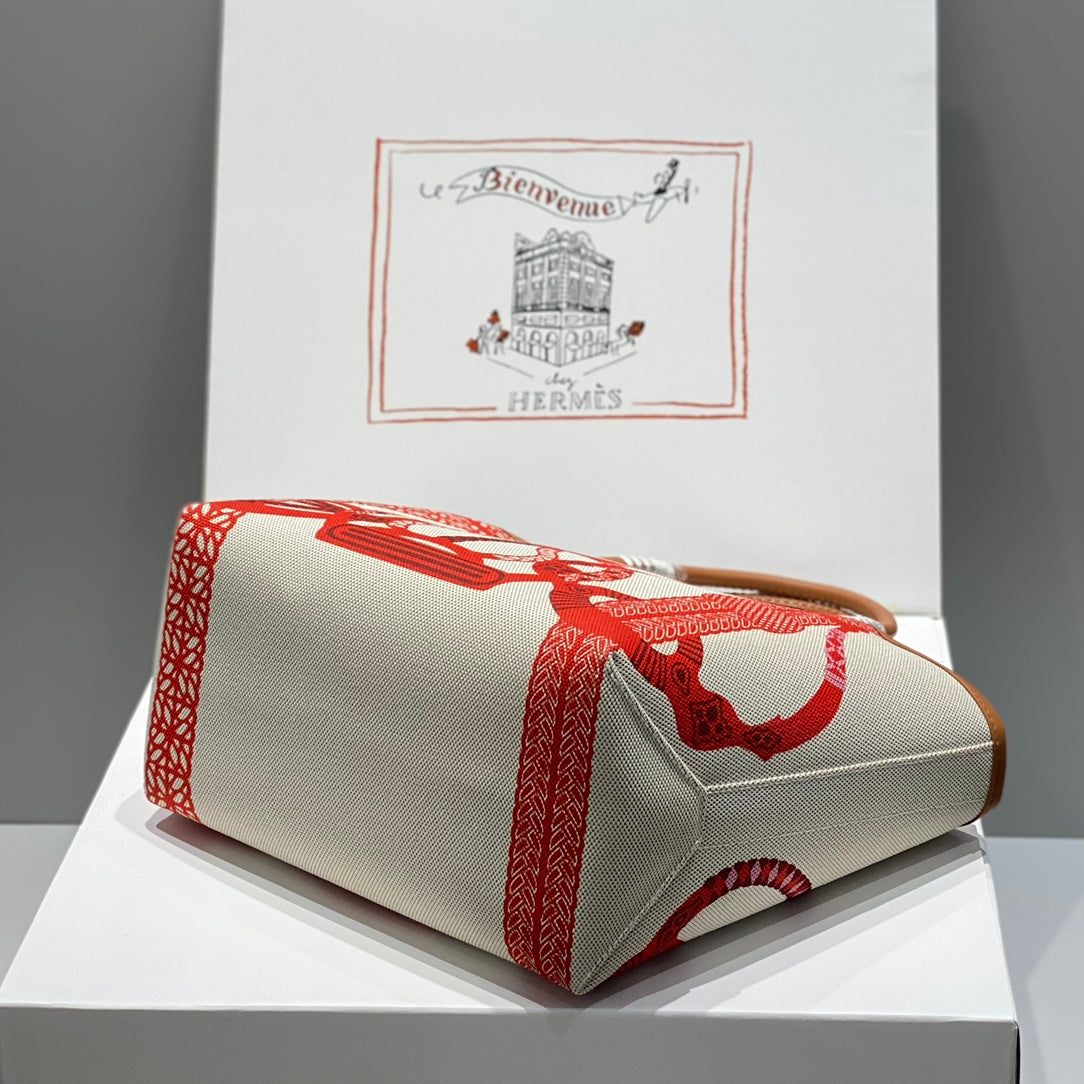 Sac HM Steeple 28 en cuir de veau marron, blanc et rouge