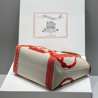 Sac HM Steeple 28 en cuir de veau marron, blanc et rouge