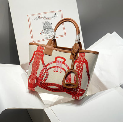 Sac HM Steeple 28 en cuir de veau marron, blanc et rouge