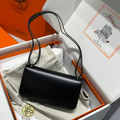Sac HM Constance Elan 24 cm en cuir de veau box noir et accessoires argentés