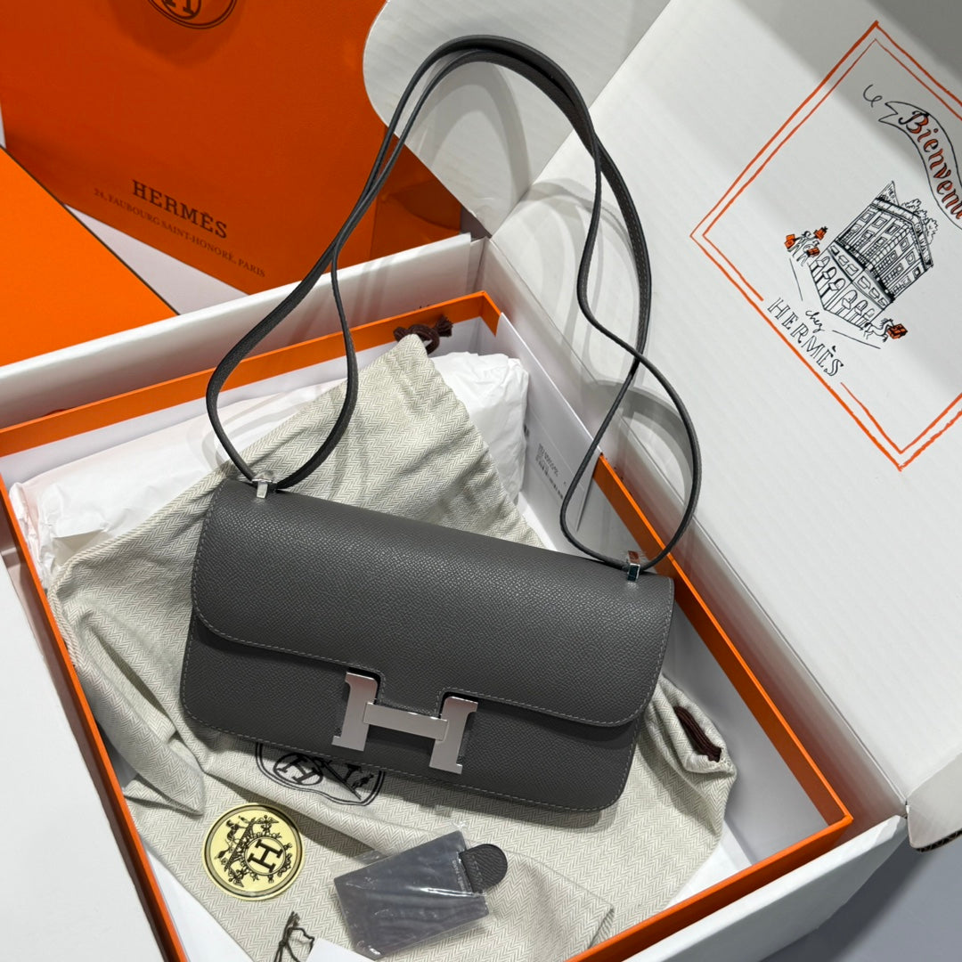 Sac HM Constance Elan 24 cm en cuir Epsom gris foncé et accessoires argentés