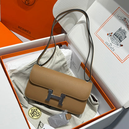 Sac HM Constance Elan 24 cm en cuir Epsom marron et accessoires argentés