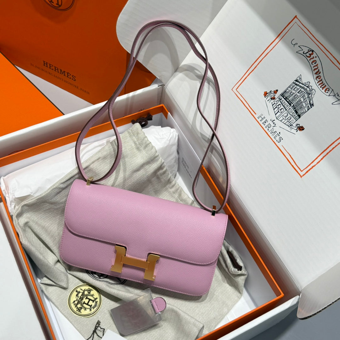 Sac HM Constance Elan 24 cm en cuir Epsom rose clair et finitions dorées