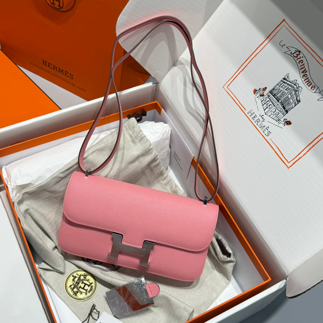 Sac HM Constance Elan 24 cm en cuir Epsom rose et accessoires argentés
