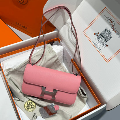 Sac HM Constance Elan 24 cm en cuir Epsom rose et accessoires argentés