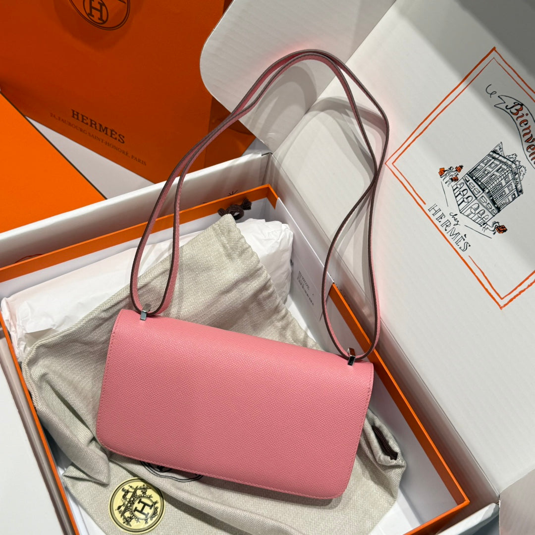 Sac HM Constance Elan 24 cm en cuir Epsom rose et accessoires argentés