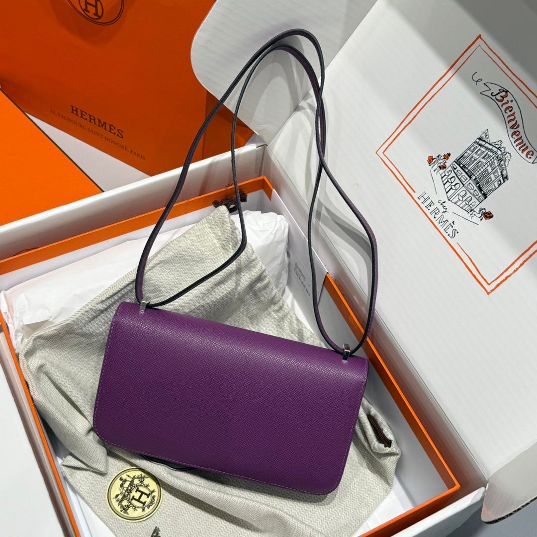 Sac HM Constance Elan 24 cm en cuir Epsom violet et accessoires argentés